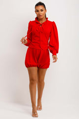 long sleeve blouse and shorts with frilly hem going out set