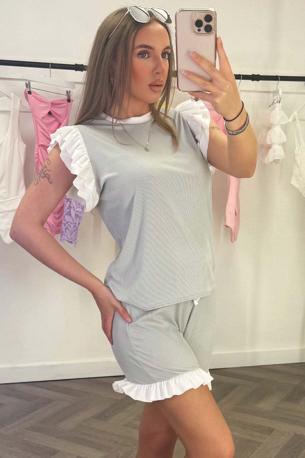 ruffle frill shorts and top set womens summer holiday outfit styledup