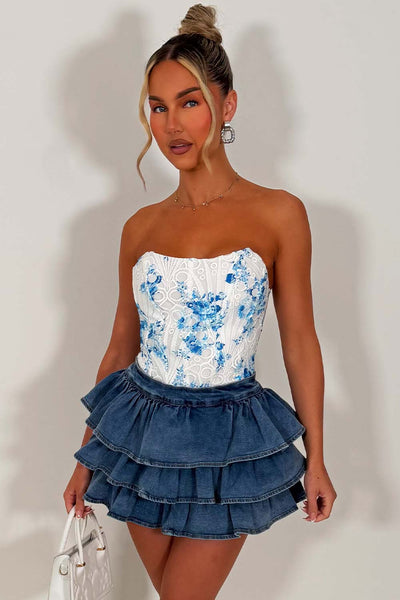 womens denim skirt ruffle frilly rara hem styledup whitefox uk