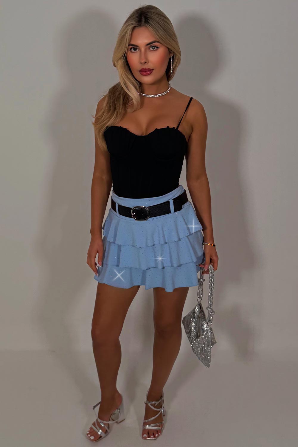 diamante rhinestones ruffle frilly skort with belt styledup fashion