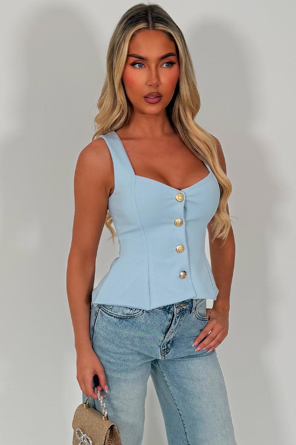 going out gold button peplum top for womens occasion outfit