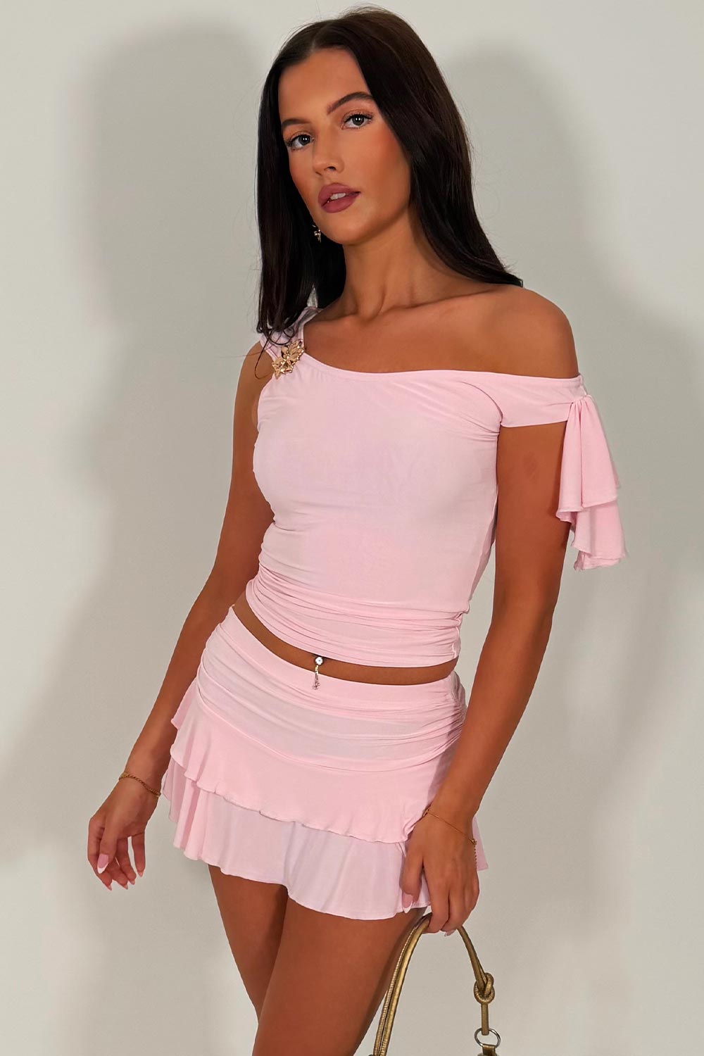 pink one shoulder top and frilly ruffle skort two piece set going out festival summer holiday outfit styledup white fox uk sale 