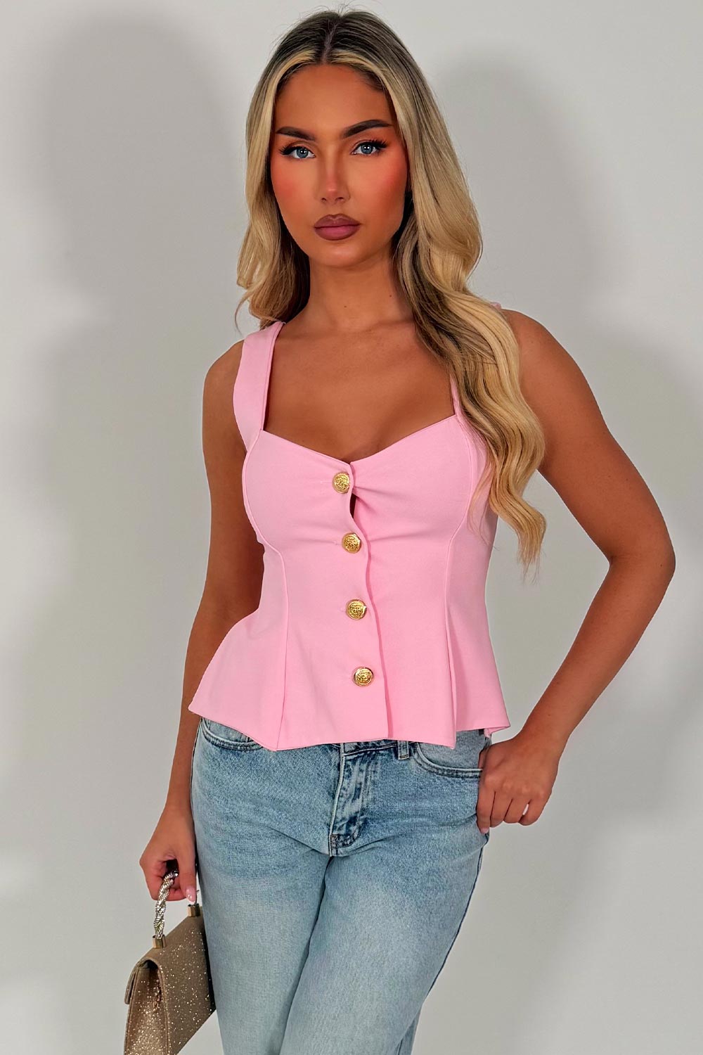 zara womens going out day night occasion top with gold buttons peplum hem styledup