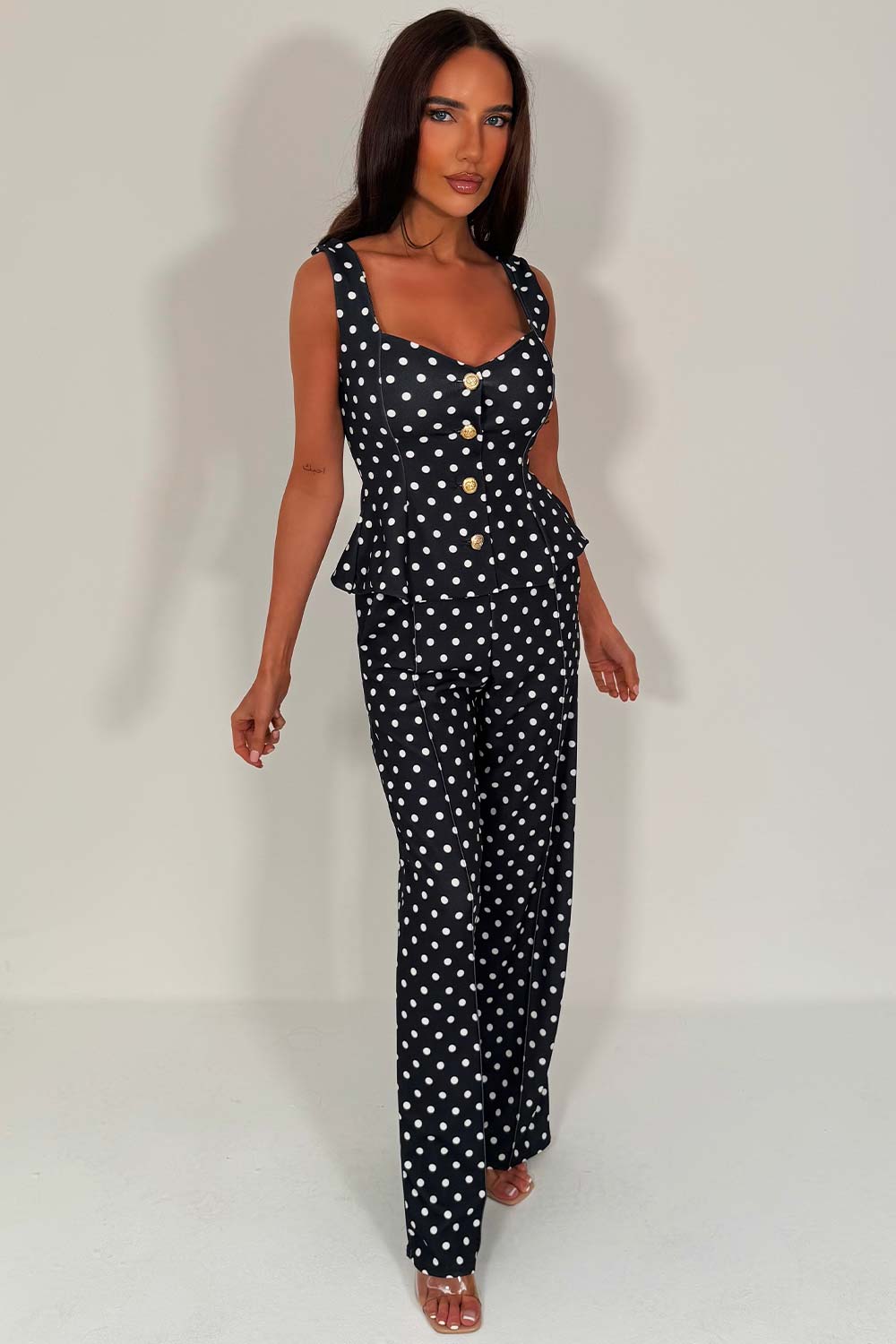 gold button top and trousers two piece co ord polka dot set styledup uk