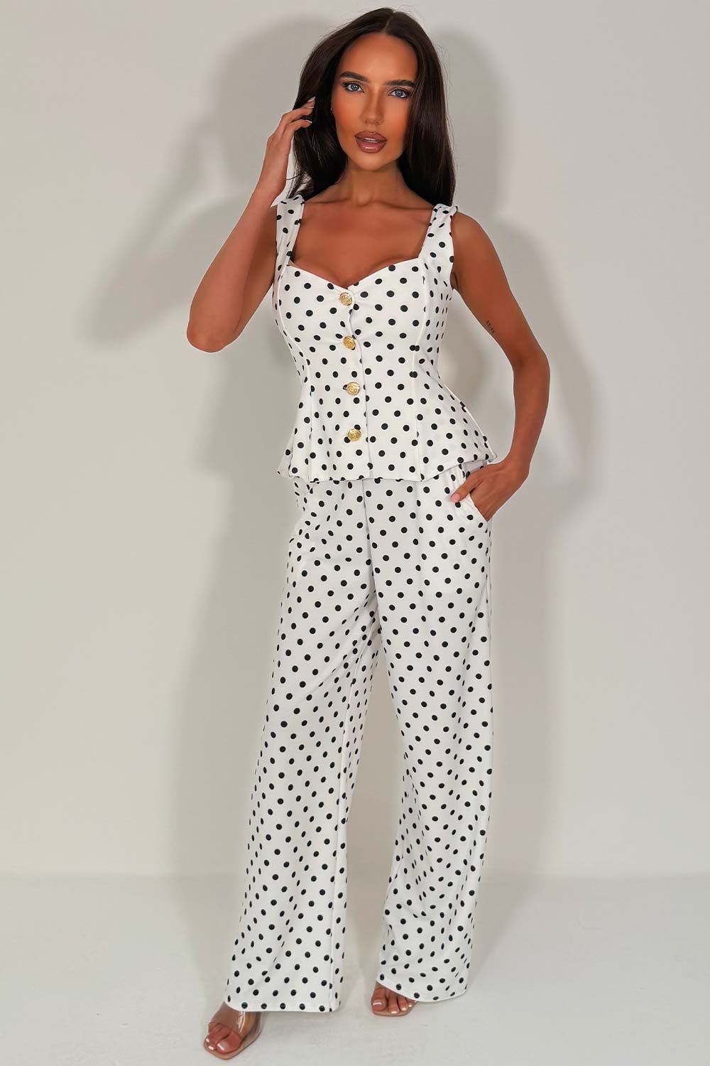 gold button top and trousers two piece co ord polka dot set styledup uk
