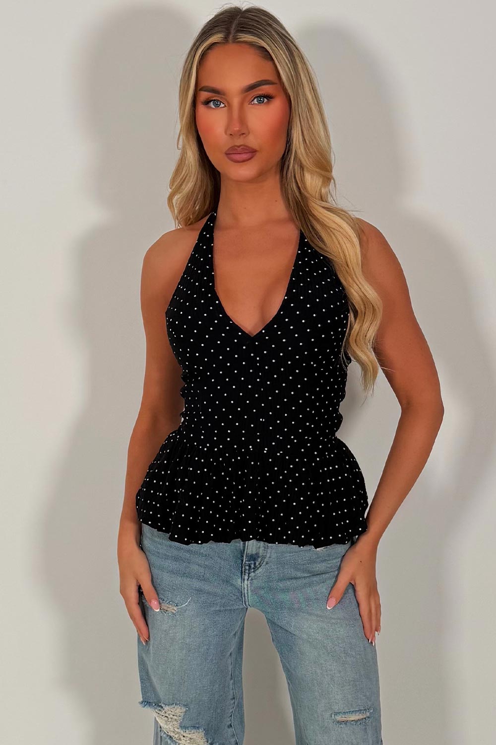 halter neck polka dot top black white fox styledup uk
