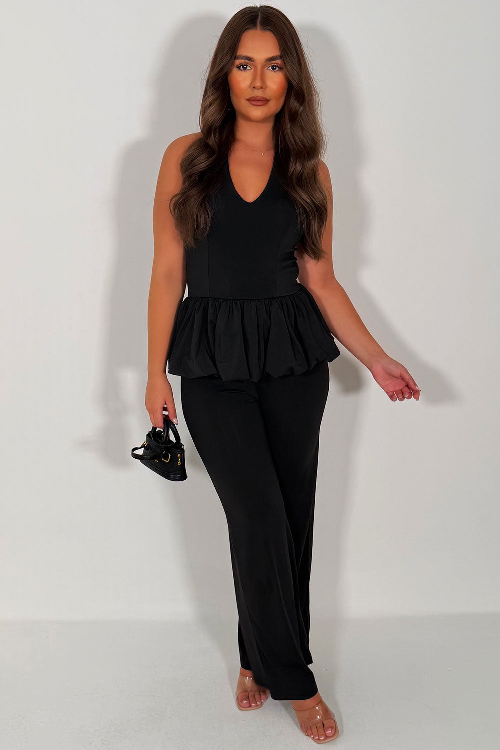 zara womens halter neck peplum balloon hem top and wide leg trousers co ord summer holiday outfit styledup uk