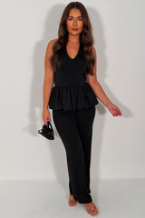 zara womens halter neck peplum balloon hem top and wide leg trousers co ord summer holiday outfit styledup uk