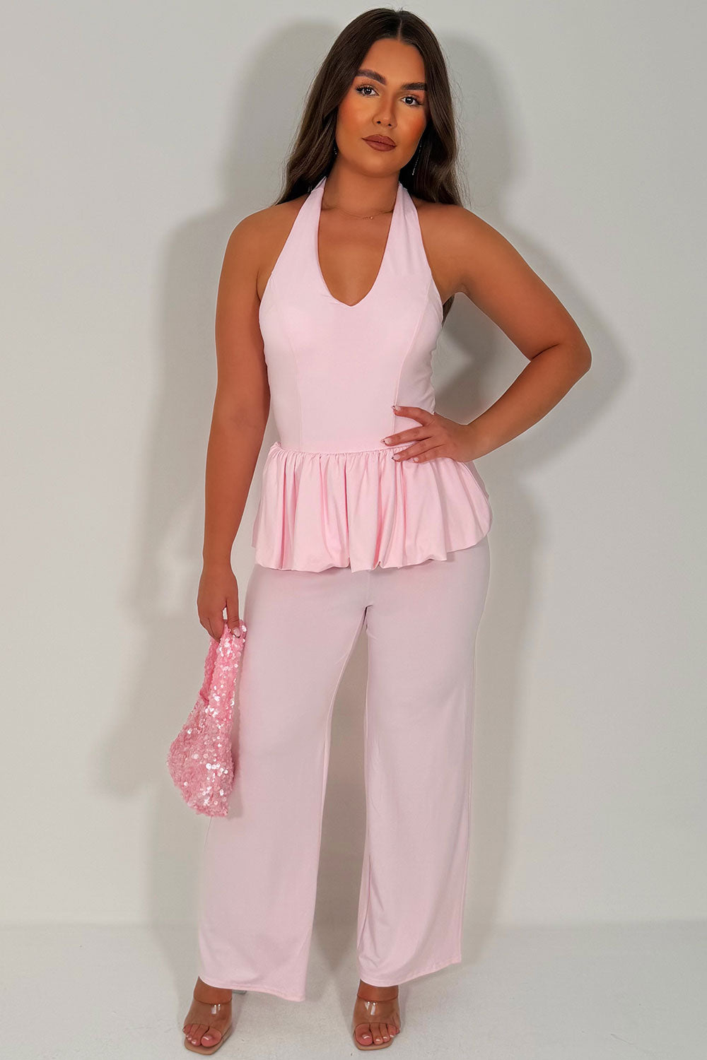 zara womens halter neck peplum balloon hem top and wide leg trousers co ord summer holiday outfit styledup uk