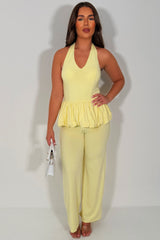 zara womens halter neck peplum balloon hem top and wide leg trousers co ord summer holiday outfit styledup uk