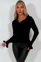 frill ruffle detail long sleeve knitted jumper black for womens styledup