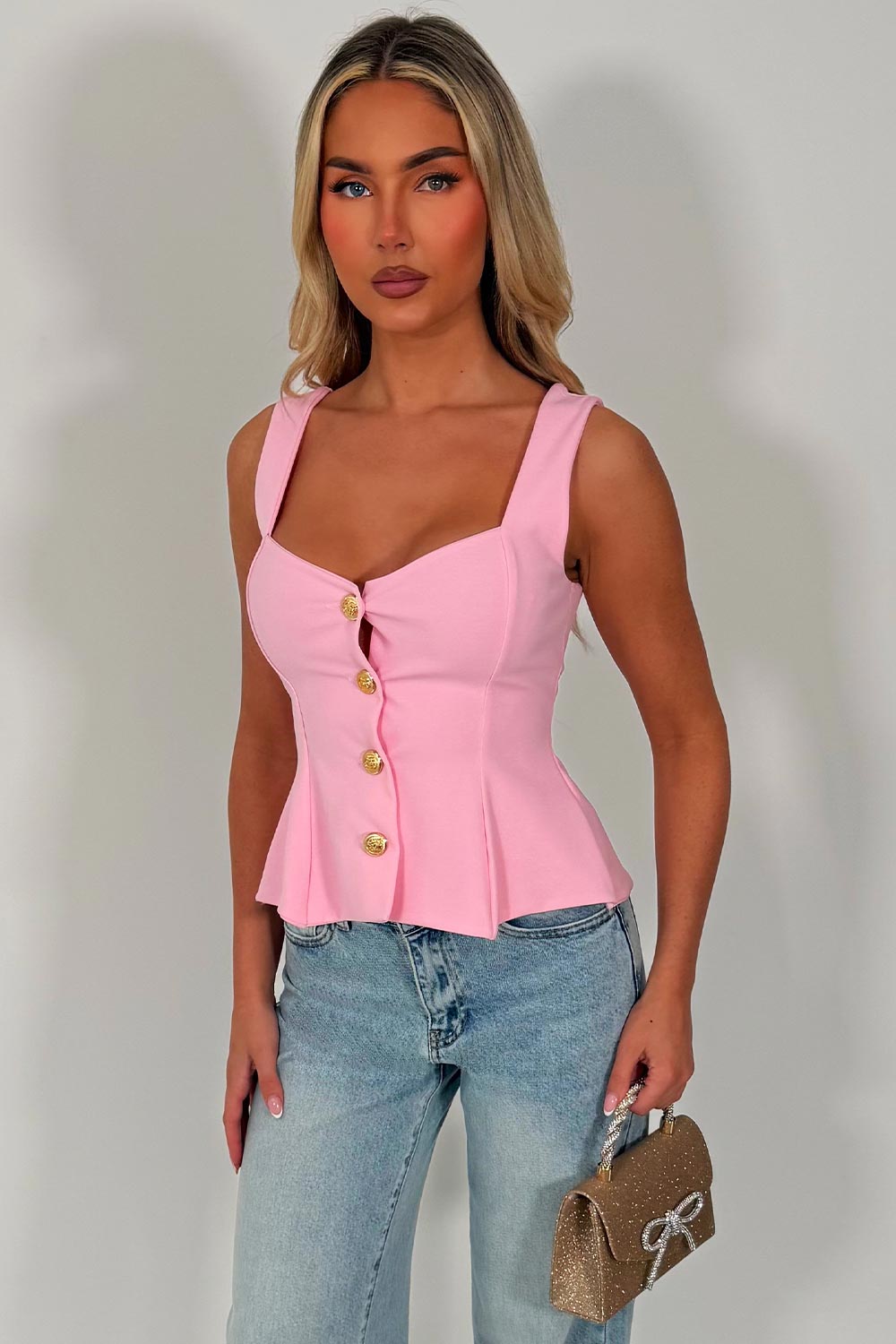 gold button going out peplum top styledup fashion