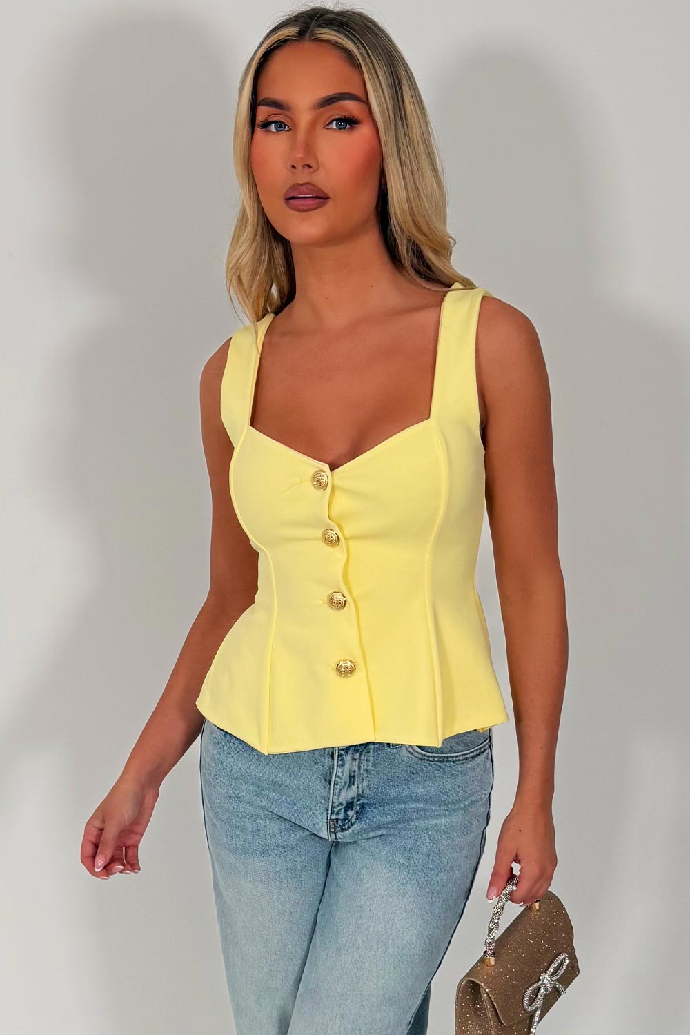 gold button going out peplum top styledup fashion