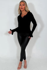 long sleeve frill ruffle hem and neck knitted long sleeve jumper for womens black 