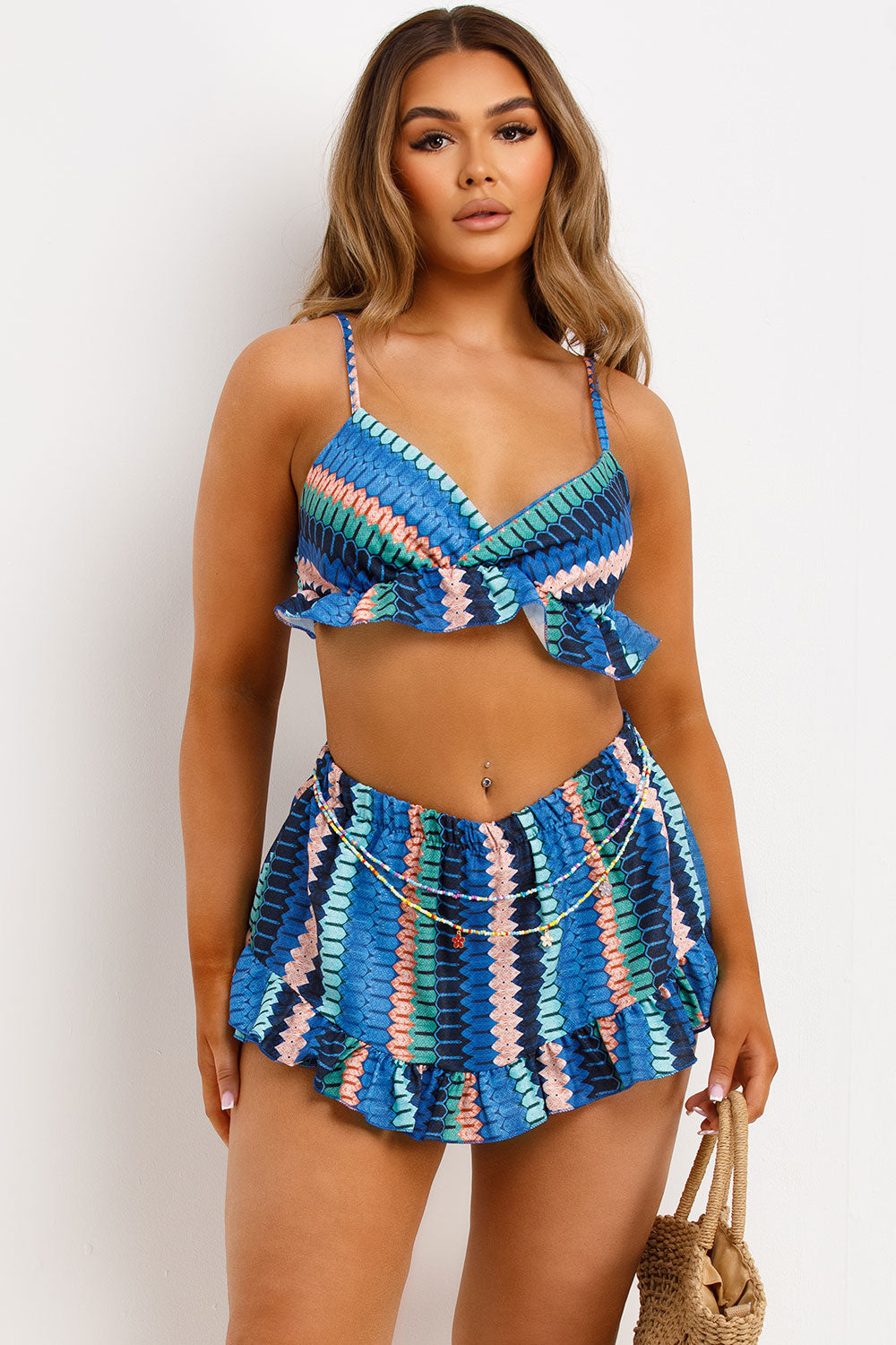 frill hem bikini top and shorts two piece set