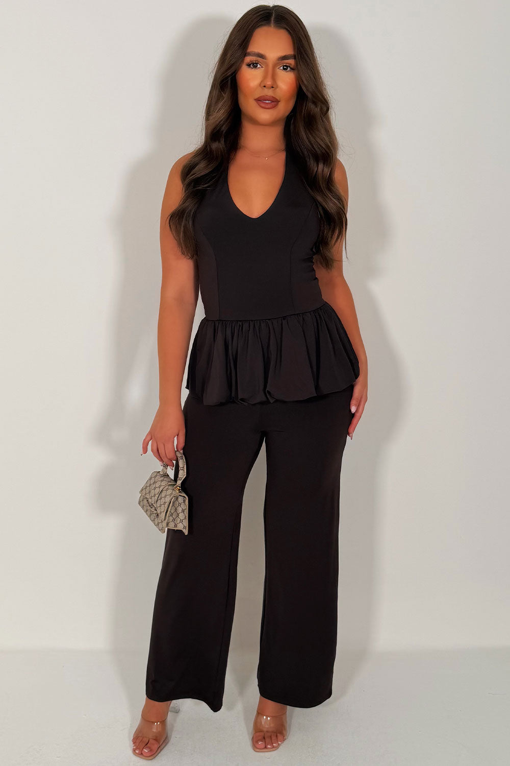 womens halterneck peplum top and trousers co ord set styledup uk
