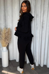 Sweatshirt And Joggers Loungewear Co Ord With Hood Peplum Frill Hem Black