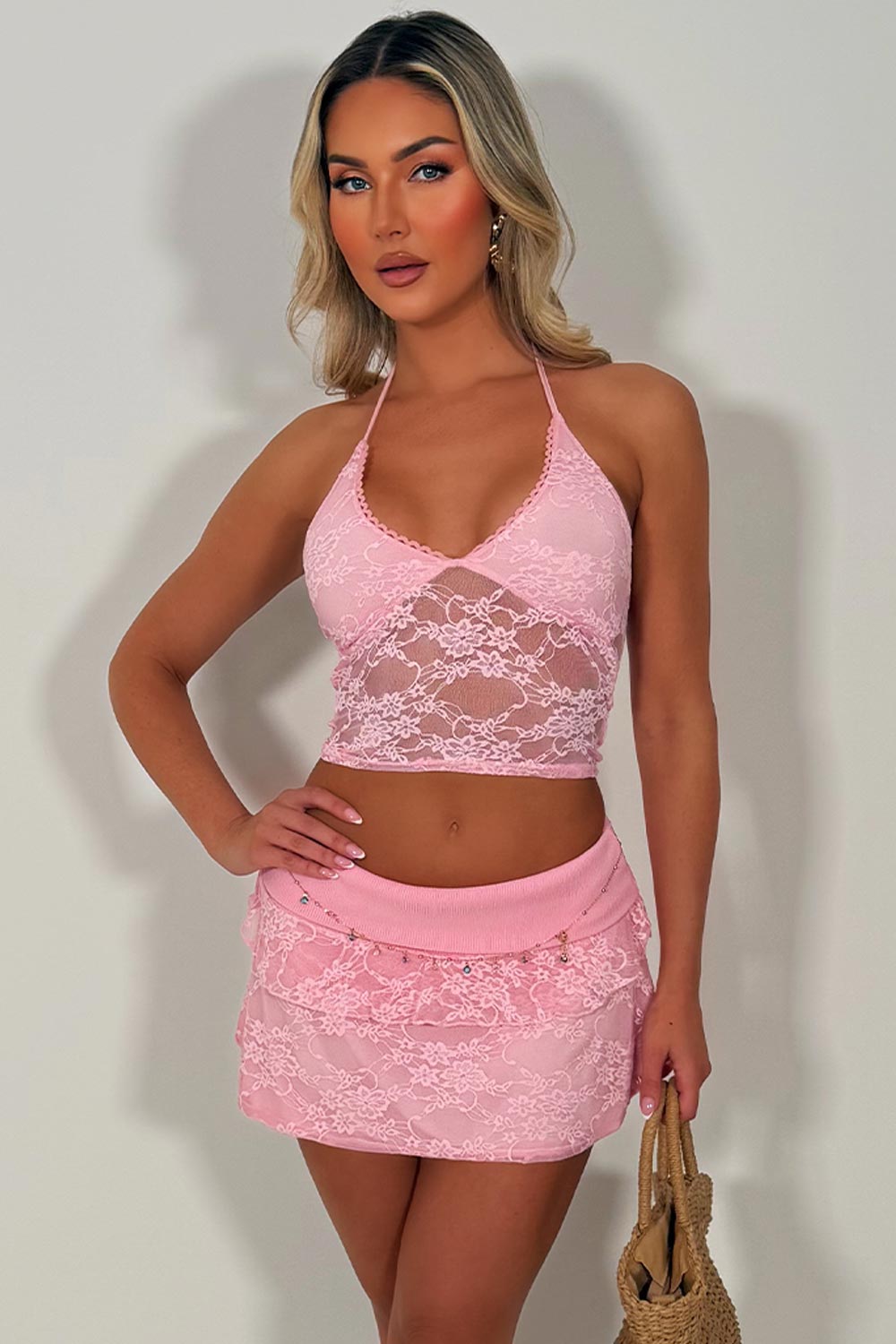 pink festival lace skirt and top co ord set summer holiday outfit uk styledup