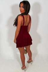 burgundy plunge neck night out party dress with ruffle frilly hem and lace panel styledup sale uk