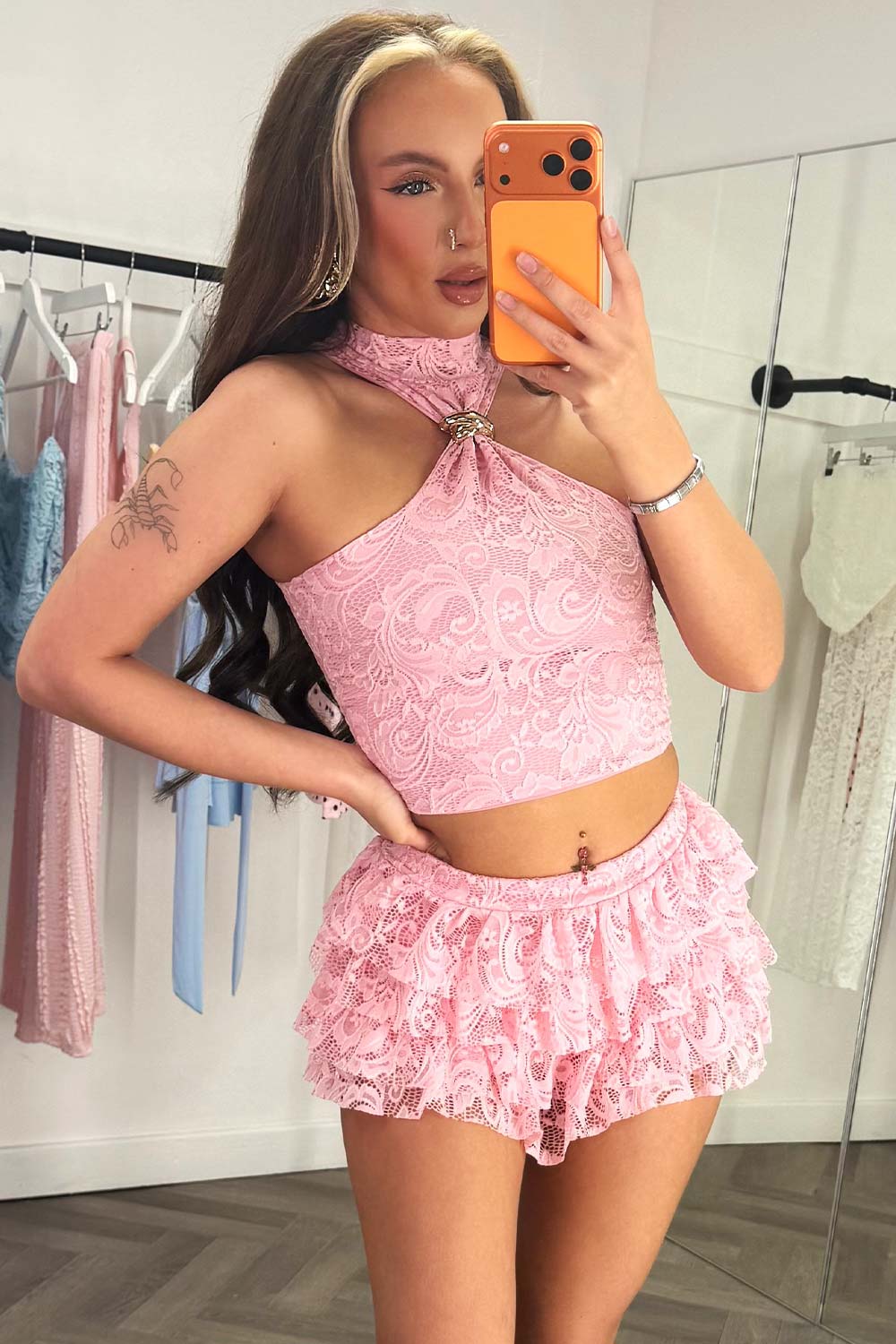 pink lace mini ruffle frilly skirt and lace top co ord festival outfit uk