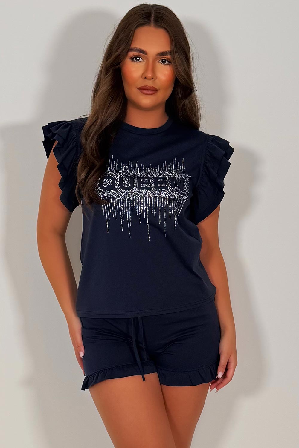 queen diamante rhinestone frill shoulder t shirt and shorts co ord set styledup