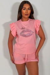 womens summer shorts and t shirt with diamante rhinestone lips detail styledup uk