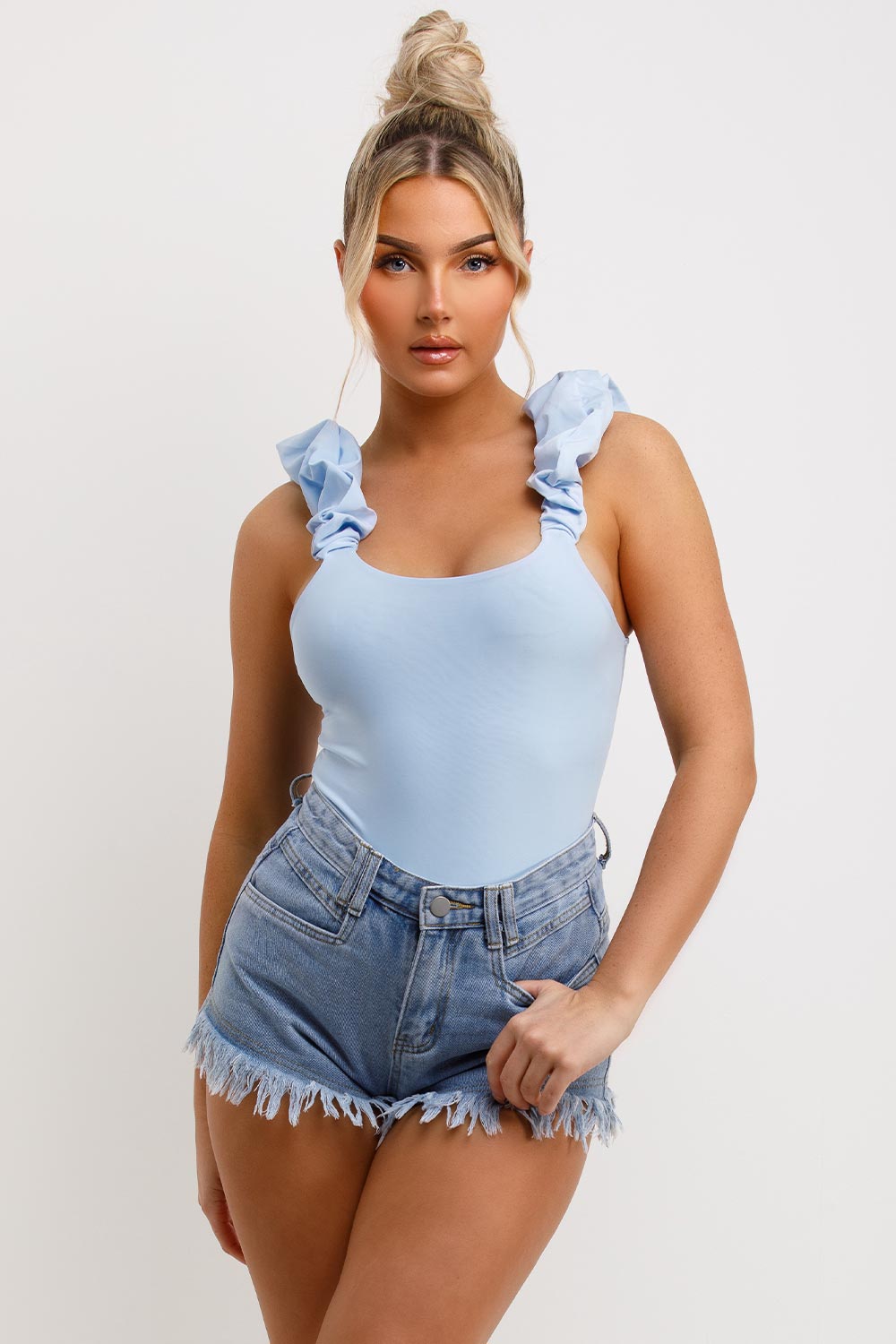 Women's Ruffle Ruched Strap Going Out Bodysuit Top Sky Blue –