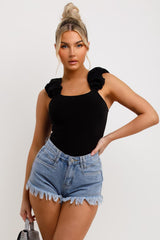 ruffle ruched strap going out bodysuit top black