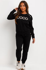 coco diamante gold button frill shoulder top and trousers loungewear set womens summer airport outfit