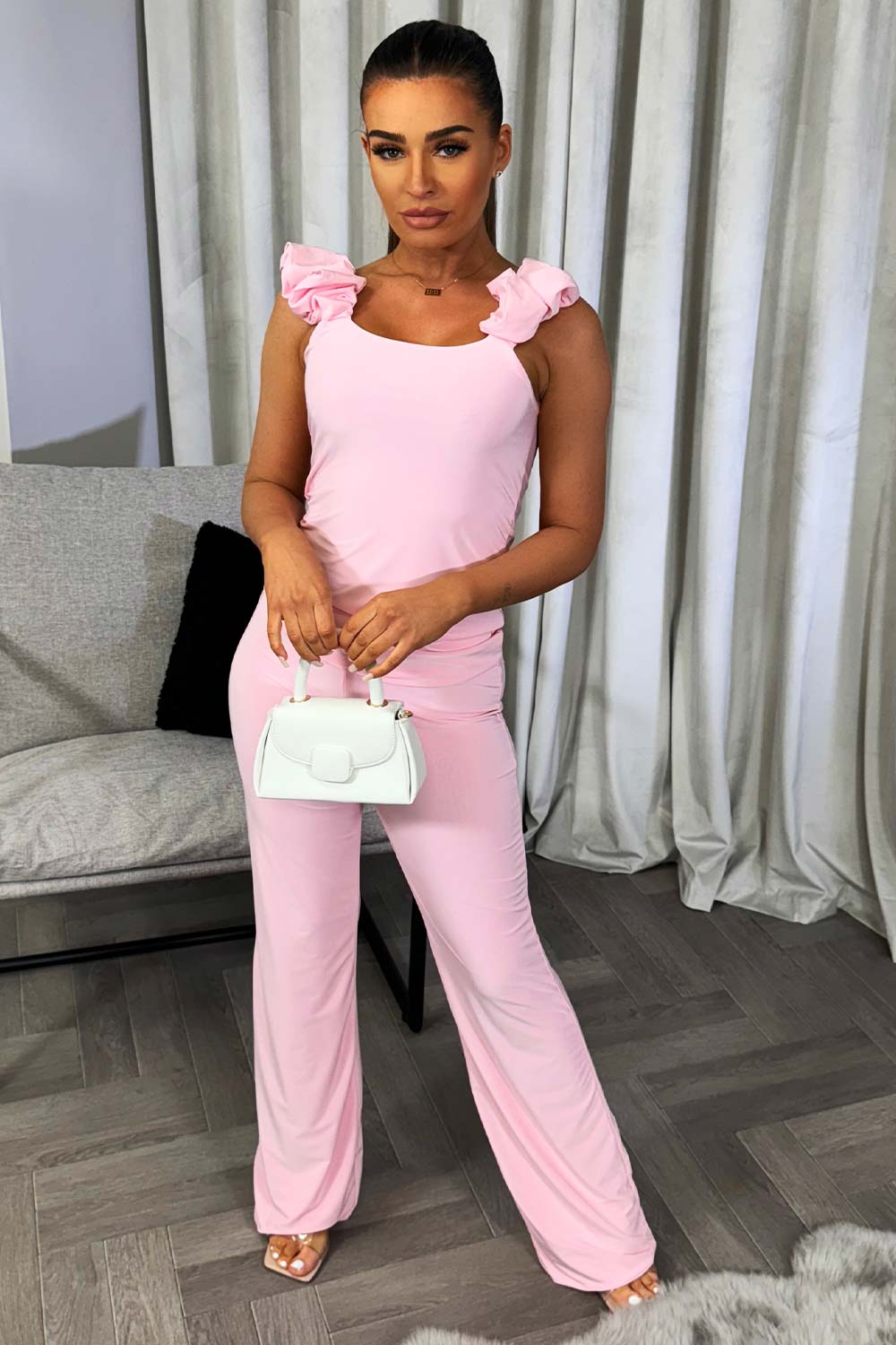 pink top and trousers two piece going out set christmas party going out outfit