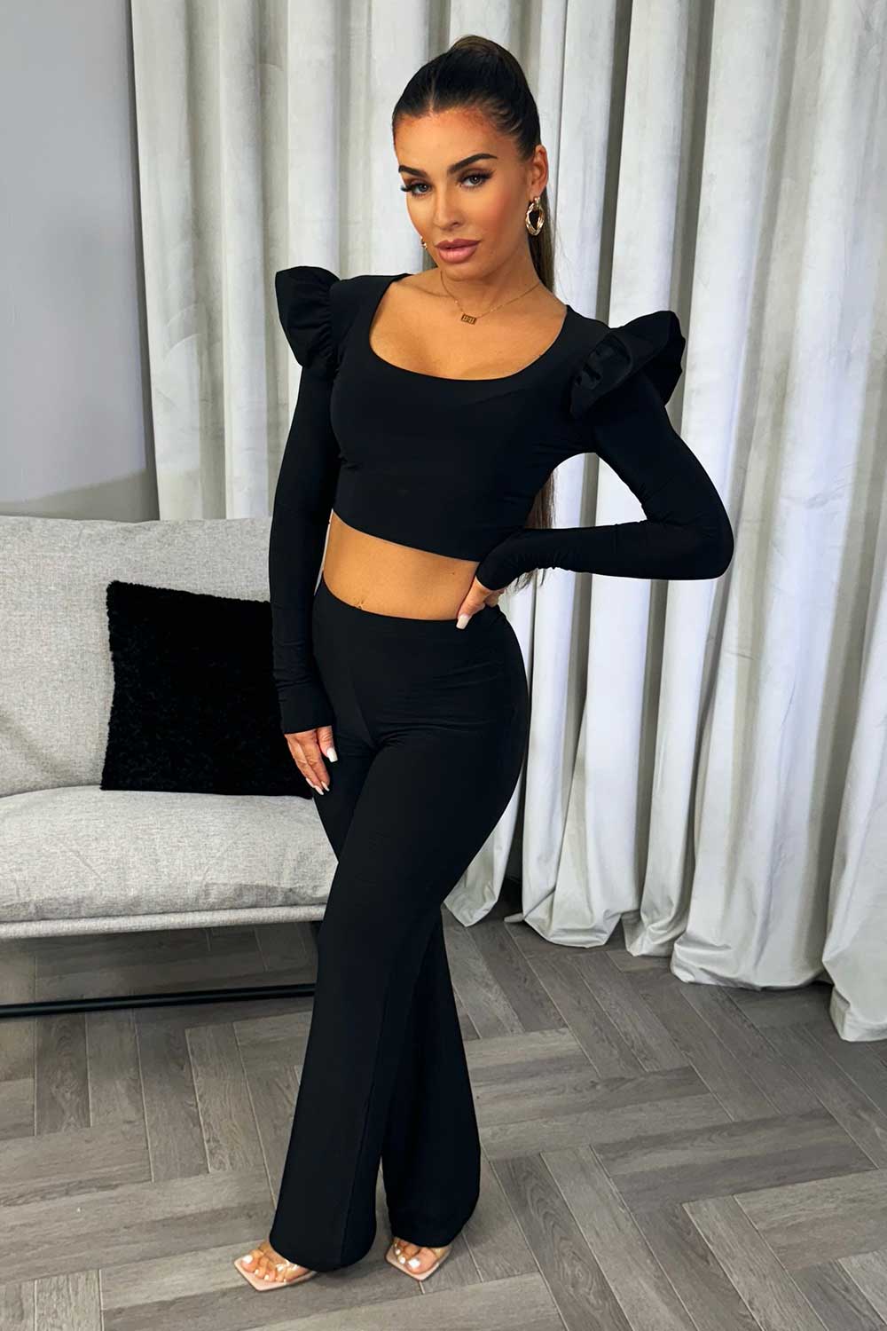 trousers and long sleeve crop top two piece co ord going out christmas day outfit