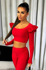 frill shoulder long sleeve crop top and trousers co ord going out christmas party outfit