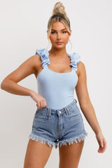 ruched ruffle strap going out bodysuit top sky blue