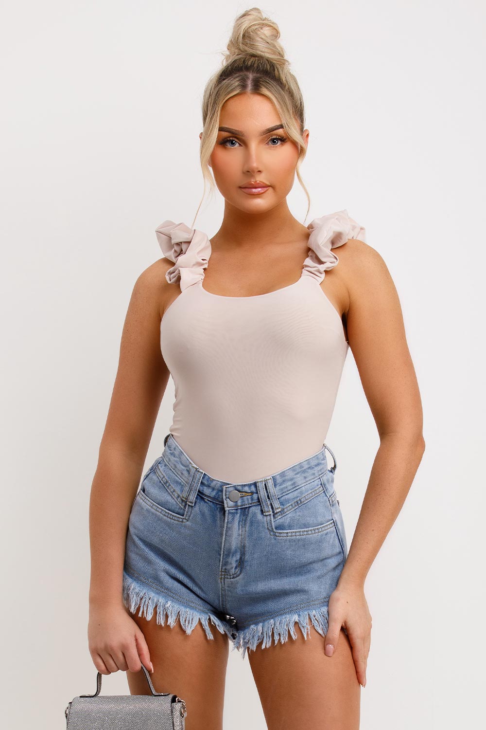 ruched ruffle strap double lined going out bodysuit top beige