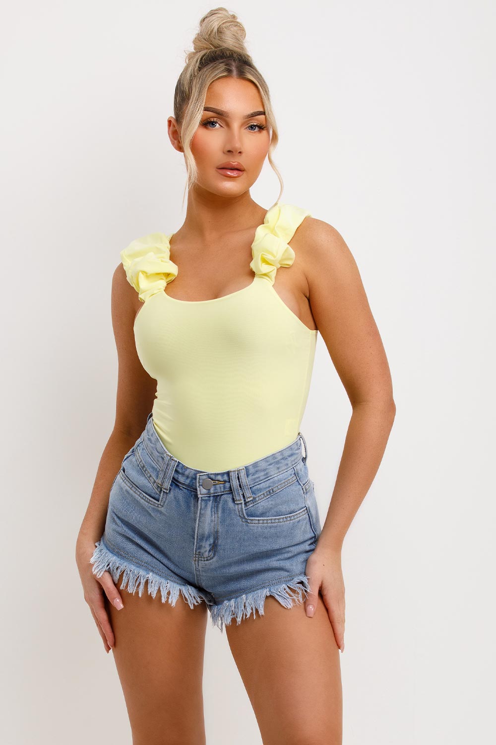 ruffle ruched strap double lined bodysuit top going out outfit