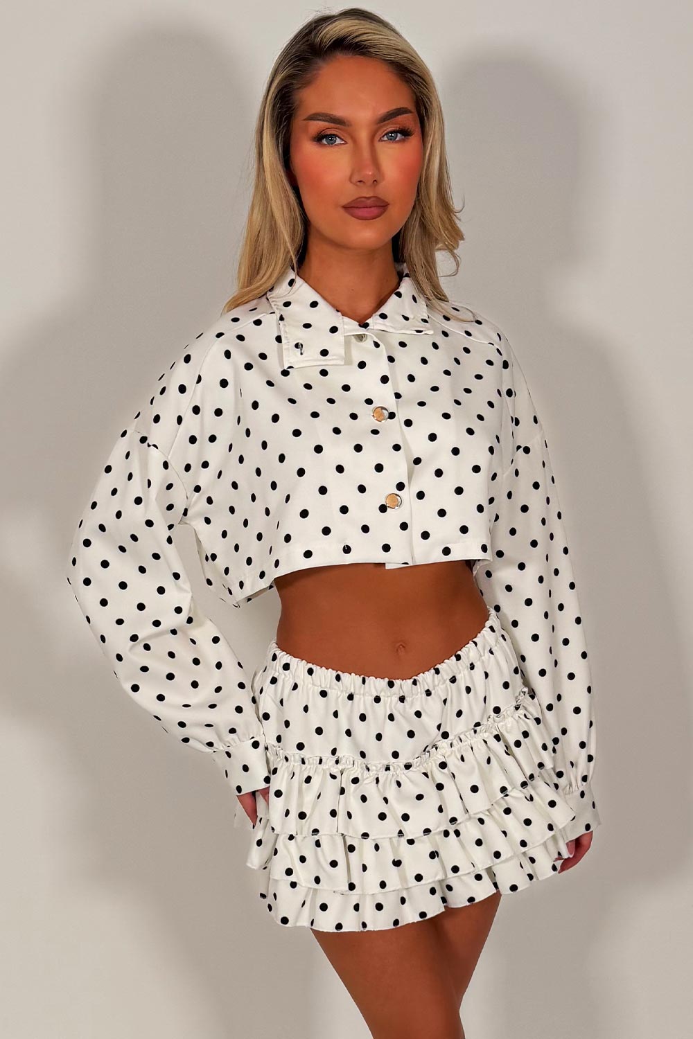 polka dot skort and crop jacket two piece co ord set styledup fashion