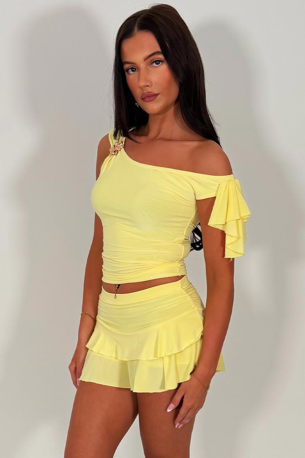 yellow one shoulder top and frilly ruffle skort two piece set going out festival summer holiday outfit styledup white fox uk sale 