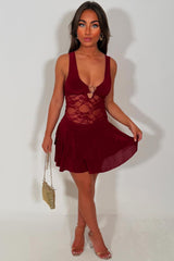 frilly ruffle plunge neck mini dress with gold heart buckle front night out party outfit styledup