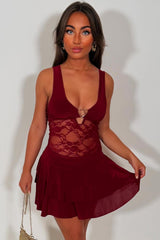 burgundy mini dress with lace panel night out rave party outfit styledup