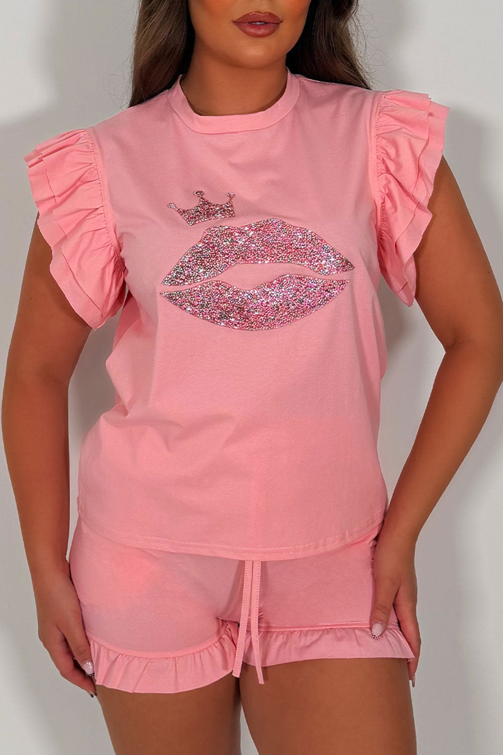 shorts tracksuit co ord with diamante rhinestone lips detail summer outfit styledup uk