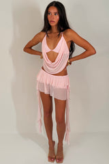 cowl halterneck backless top and ruffle frilly shorts with drapes night out festival outfit for womens styledup uk