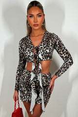 frill hem mini skirt and frilly tie front long sleeve crop top set festival outfit leopard print uk