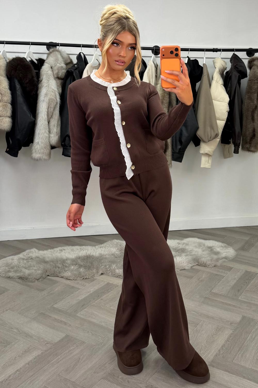 knitted jumper with gold buttons and trousers two piece set styledup uk