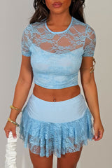 lace top and ruffle frilly skort co ord festival outfit set sky blue styledup whitefox uk