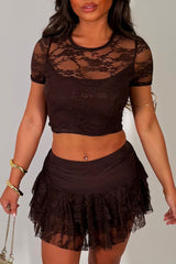 lace crop top and ruffle frilly skort co ord festival outfit brown set styledup whitefox uk