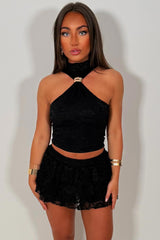 gold buckle halter neck lace top and ruffle frilly skirt two piece co ord festival going out holiday rave outfit uk styledup