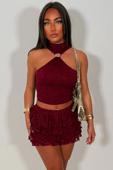 gold buckle halter neck lace top and ruffle frilly skirt two piece co ord festival going out holiday rave outfit uk styledup