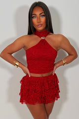red lace crop top and ruffle frilly festival lace skort co ord holiday rave outfit styledup uk sale 