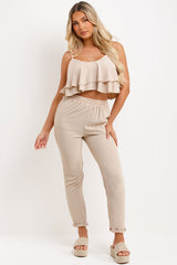 frilly ruffle top and trouser set two piece matching outfit
