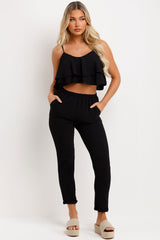 womens trousers and ruffle top two piece co ord set matching outfit